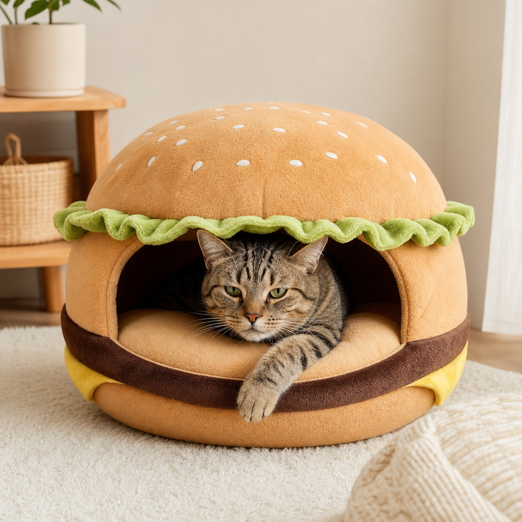 Hamburger plush cat cave bed for apartment cats