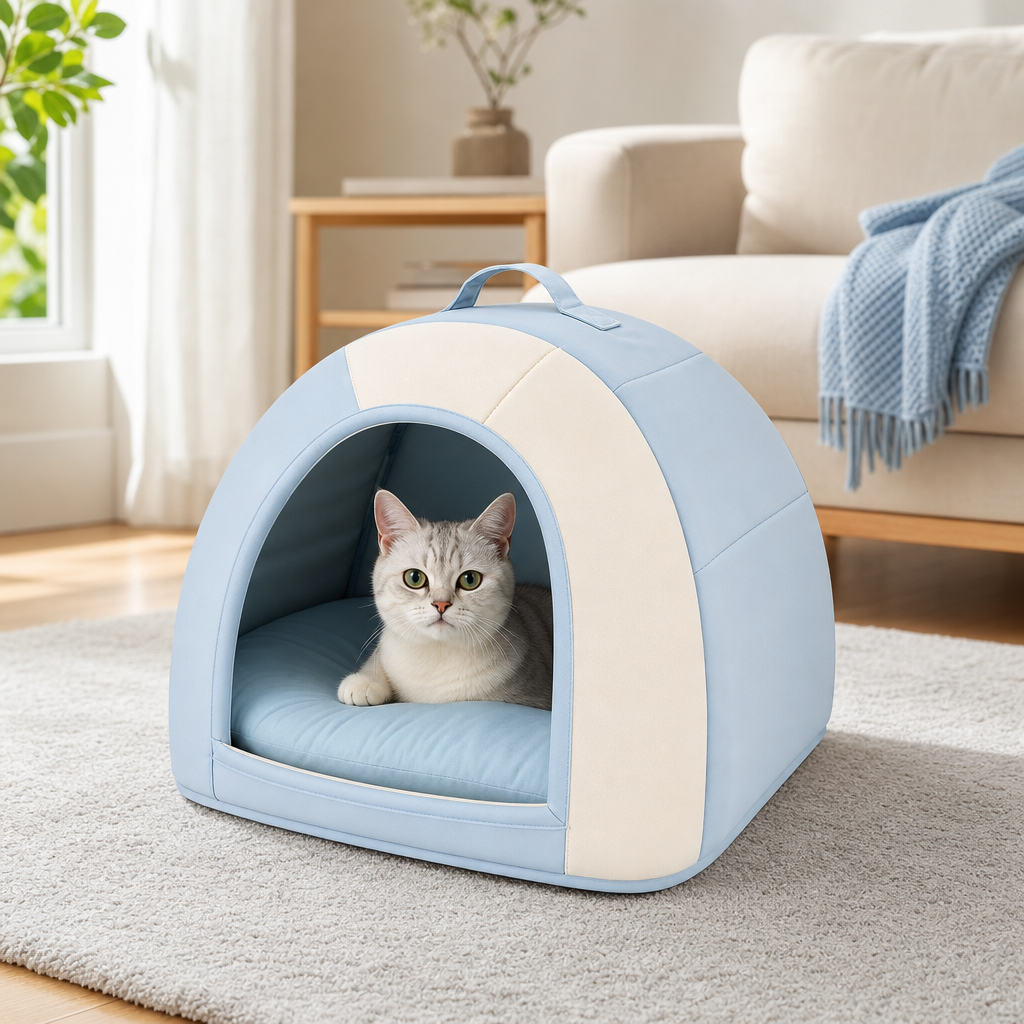 Foldable cooling-style cat igloo nest in a small apartment