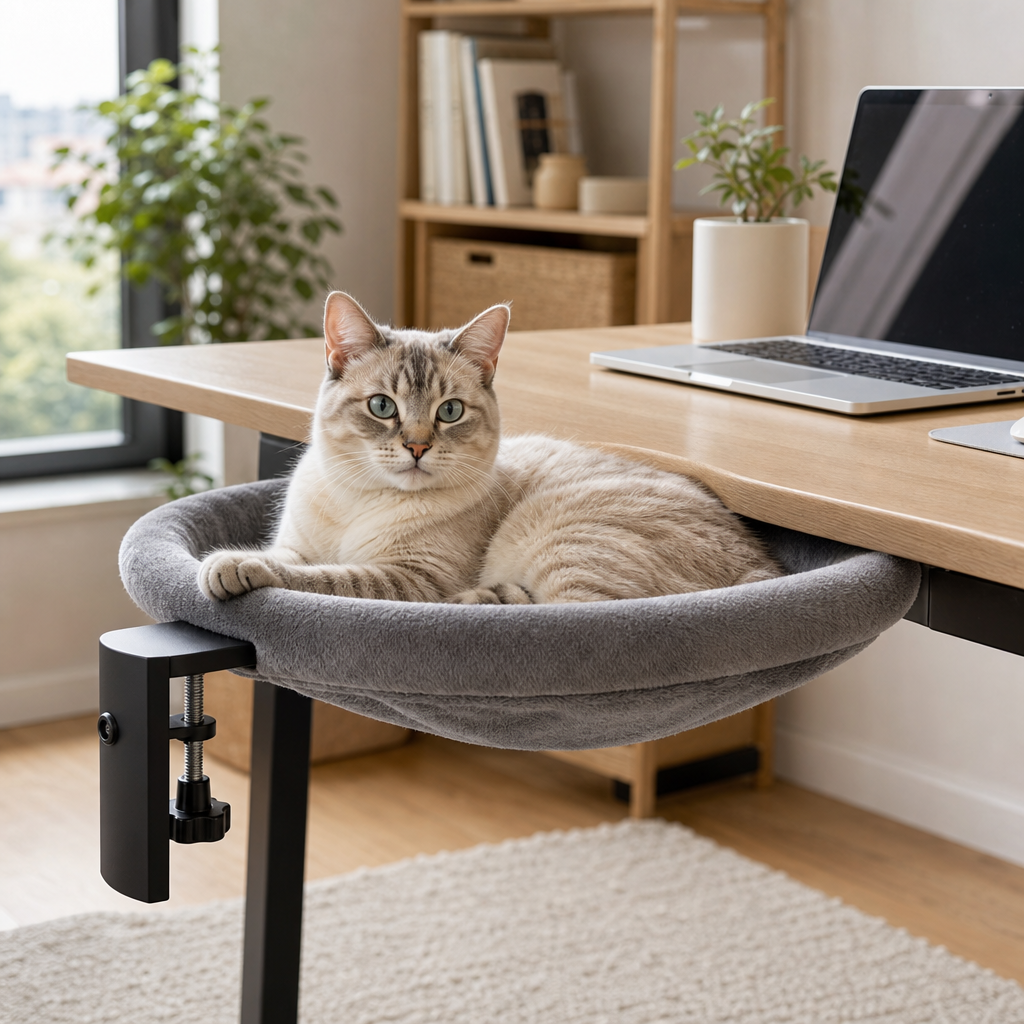 360 degree clamp-on desk cat hammock beside a workspace