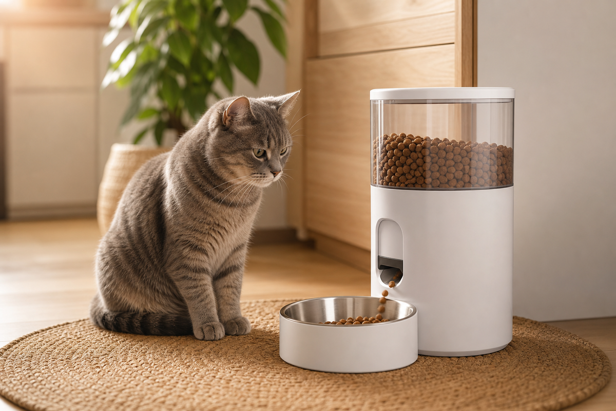 Cat waiting beside a white automatic cat feeder