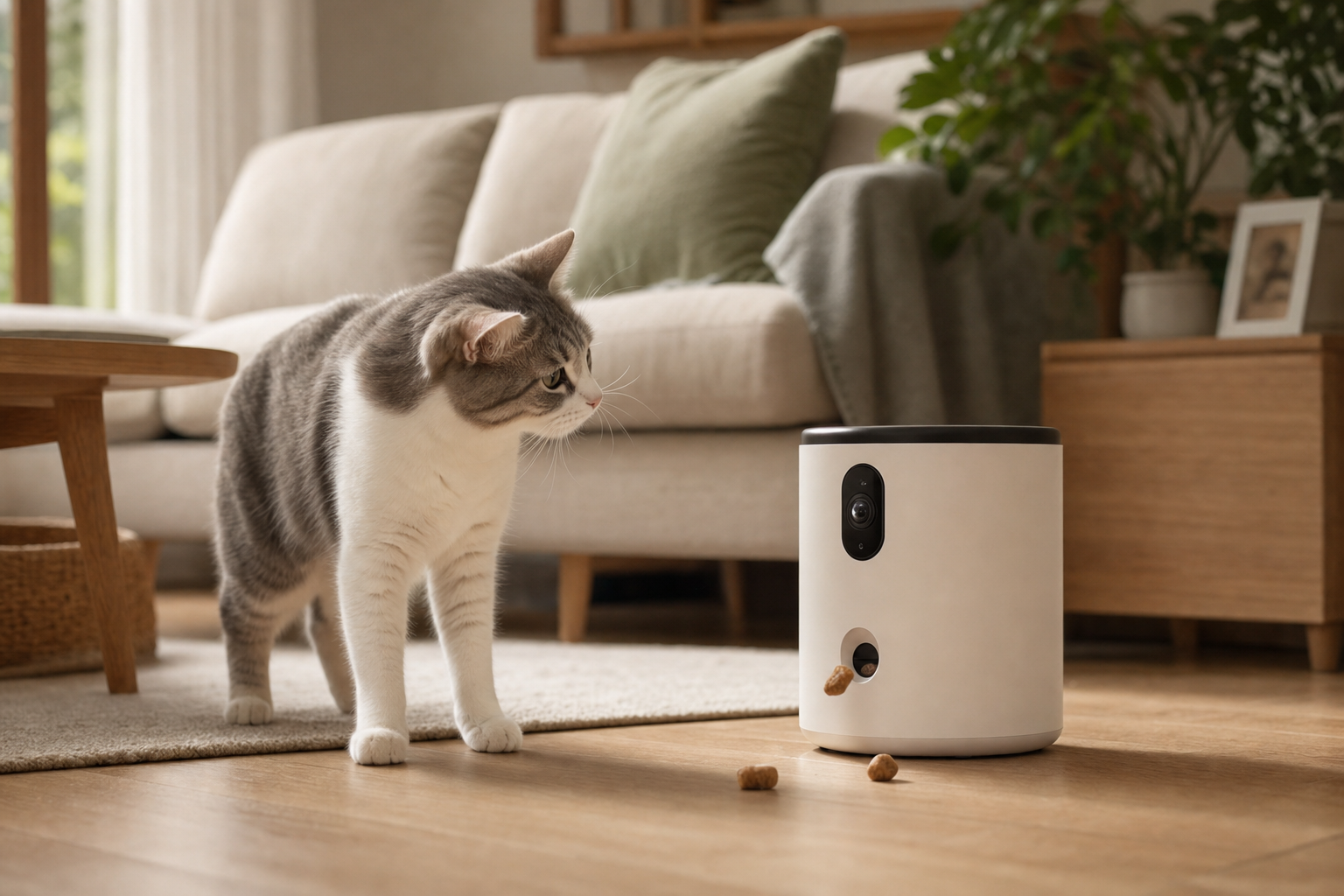 Cat looking at a smart camera treat dispenser