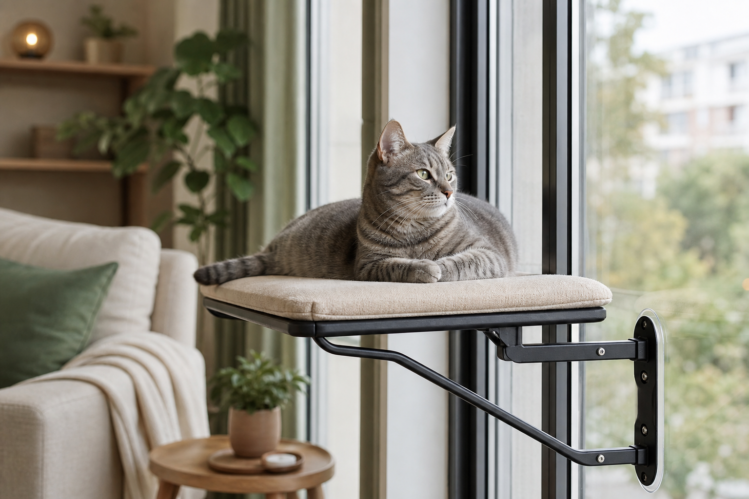 Cat lounging on a metal-framed window perch in a bright apartment