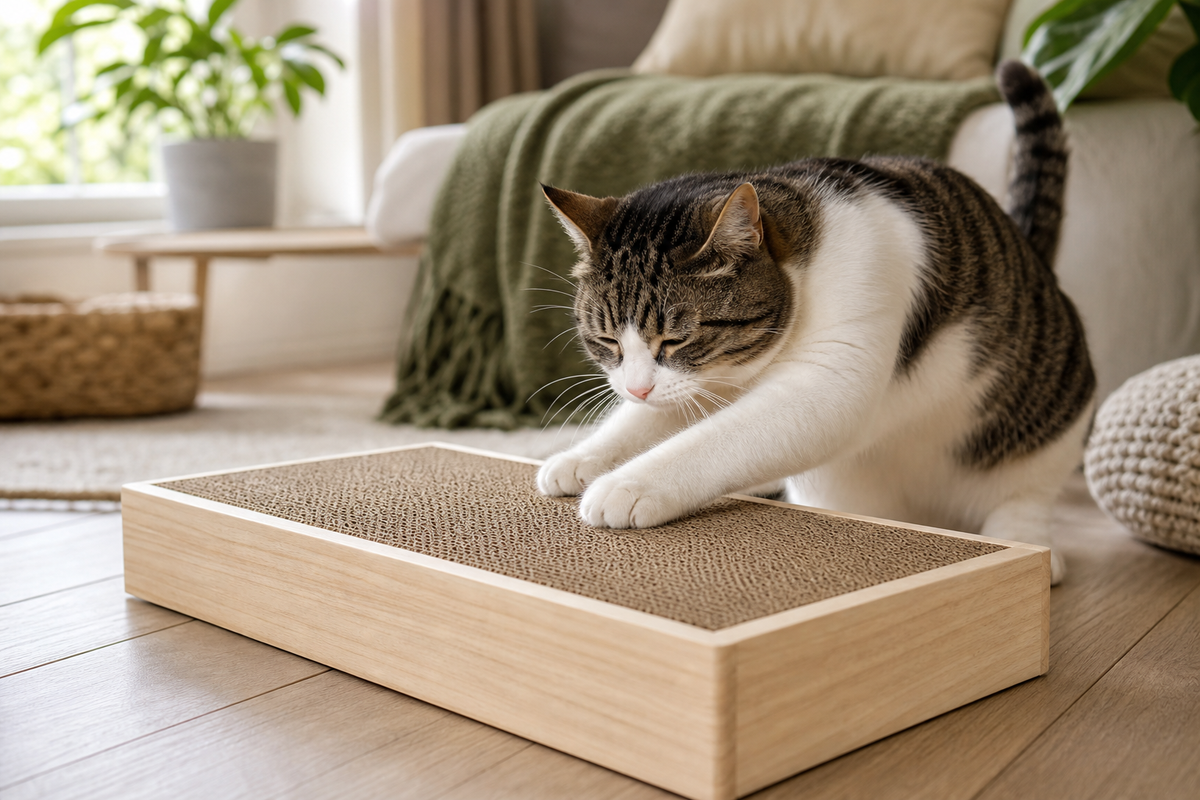 Cat scratching a wooden nail-file enrichment box